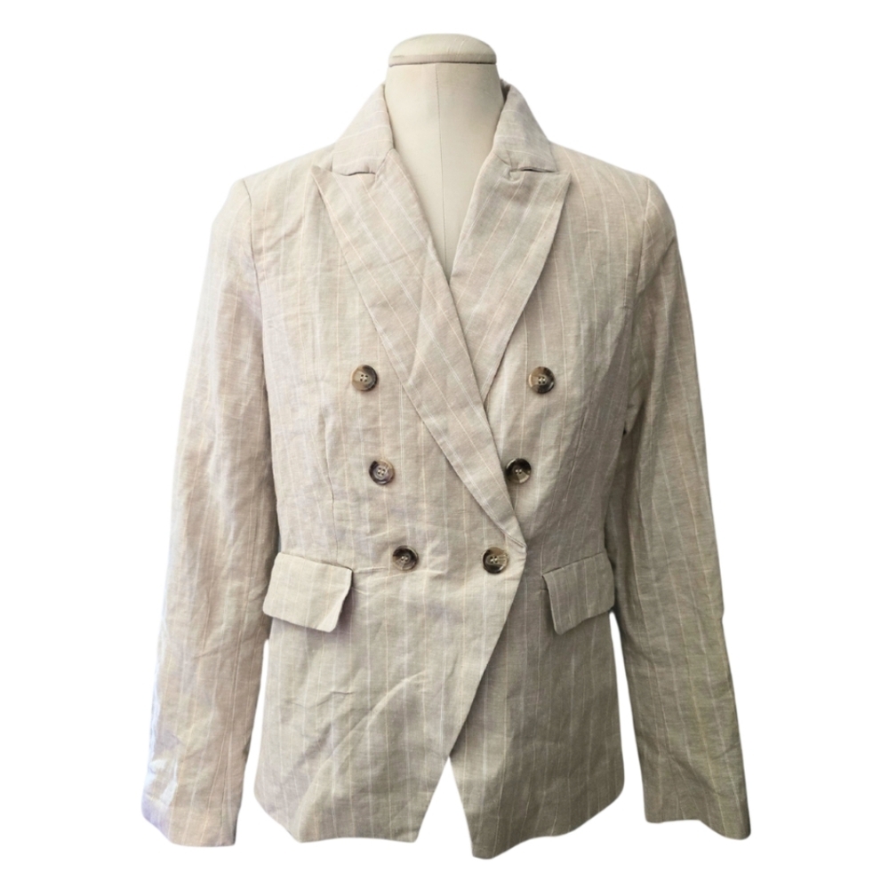 Joie Linen Blend Double Breasted Blazer Gold Thread Striped Buttons Small NWT